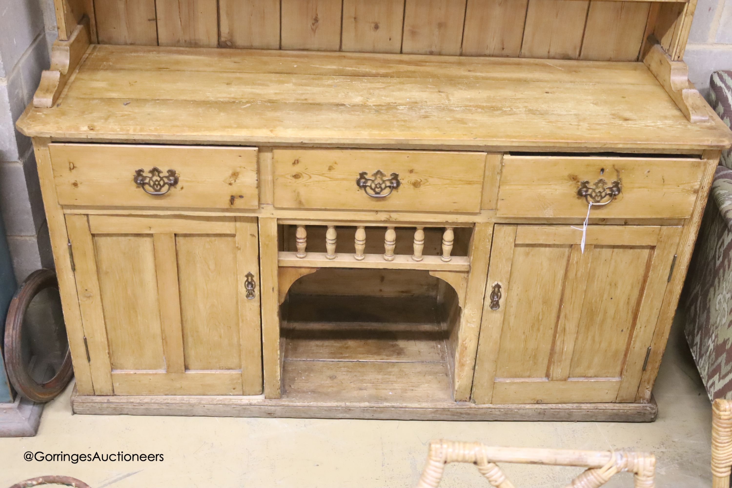 A Victorian style pine dresser, width 164cm depth 52cm height 200cm